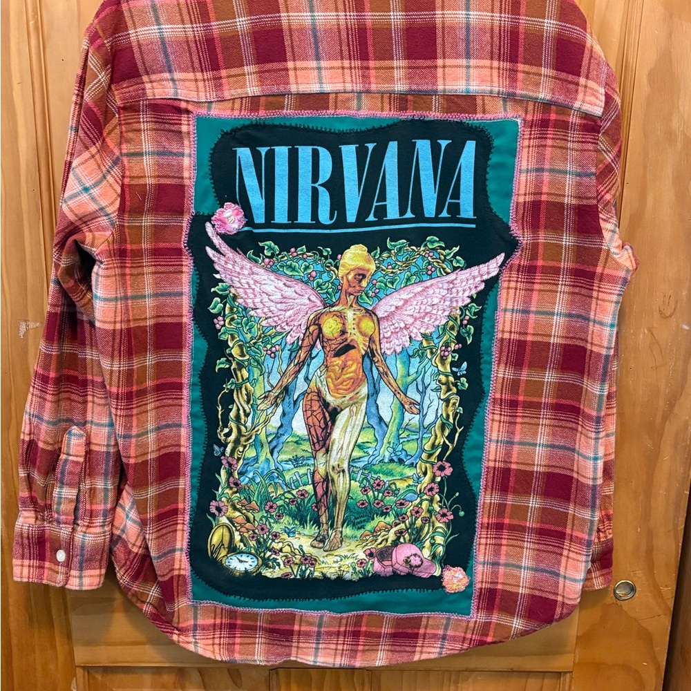 🎸 Upcycled Nirvana Flannel Shirt – Grunge / Boho Vibes – Size M
